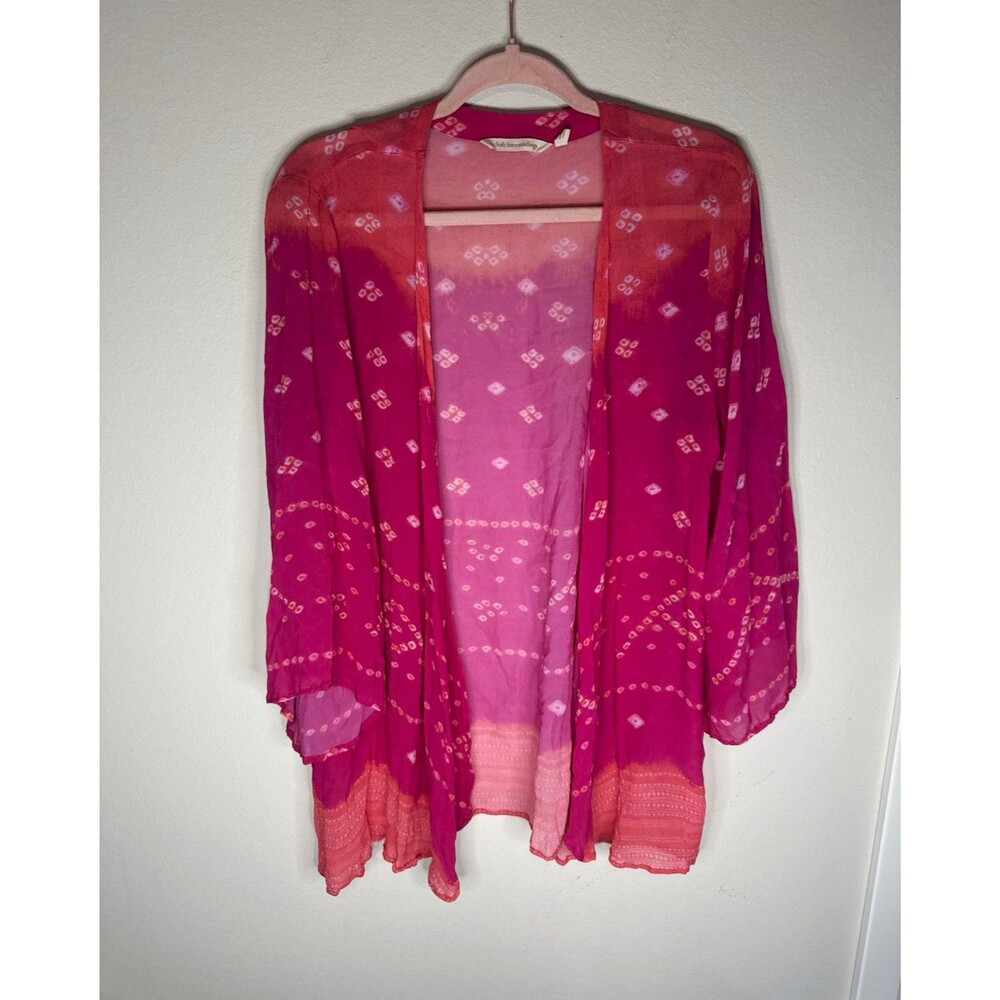 Soft Surroundings Pink Purple Geometric Sheer Open Front Viscose Knit L